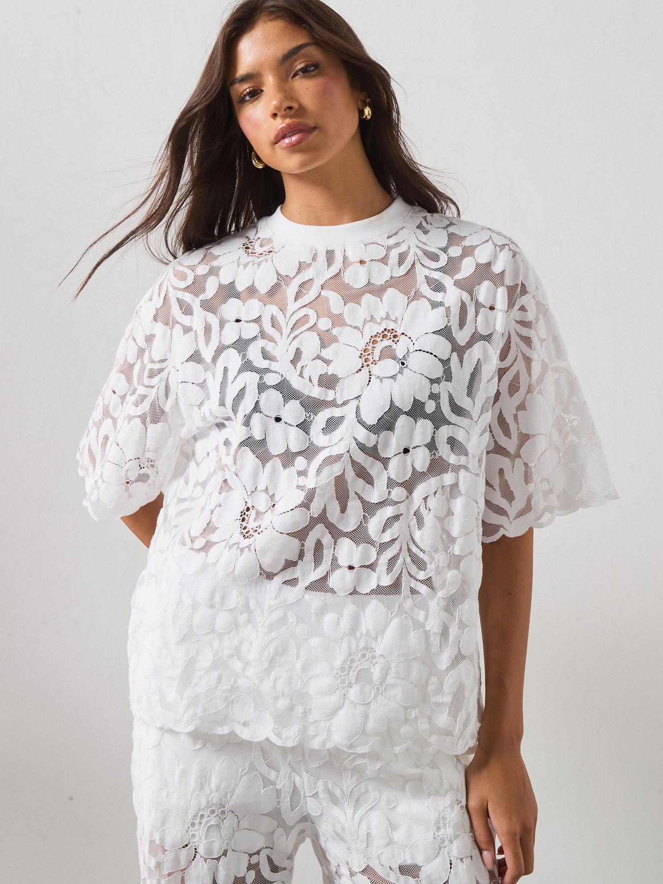 AllSaints Amelie Oversized Short Sleeve Lace T-Shirt - White