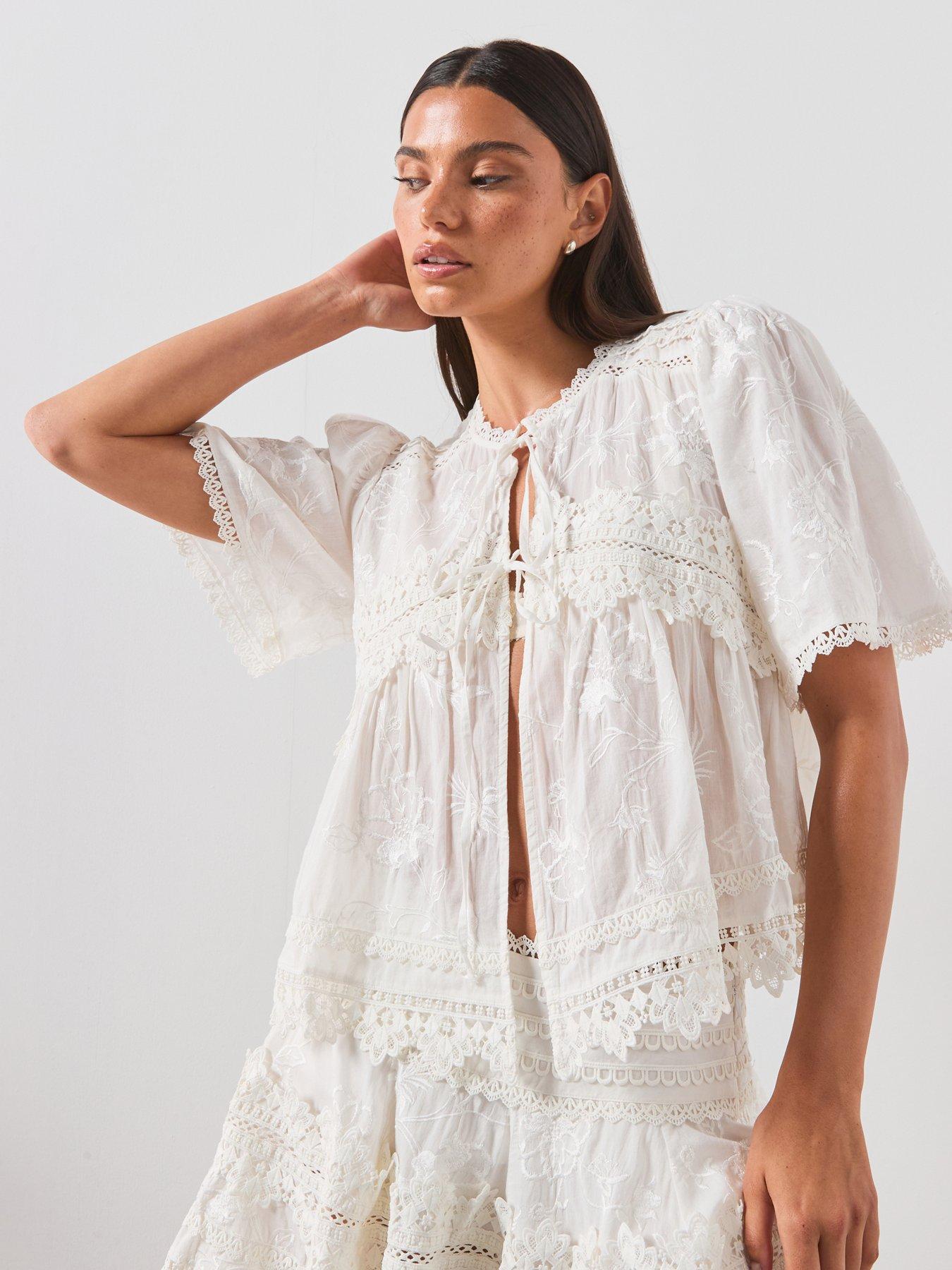 AllSaints Lillith Embroidered Short Sleeve Top - White