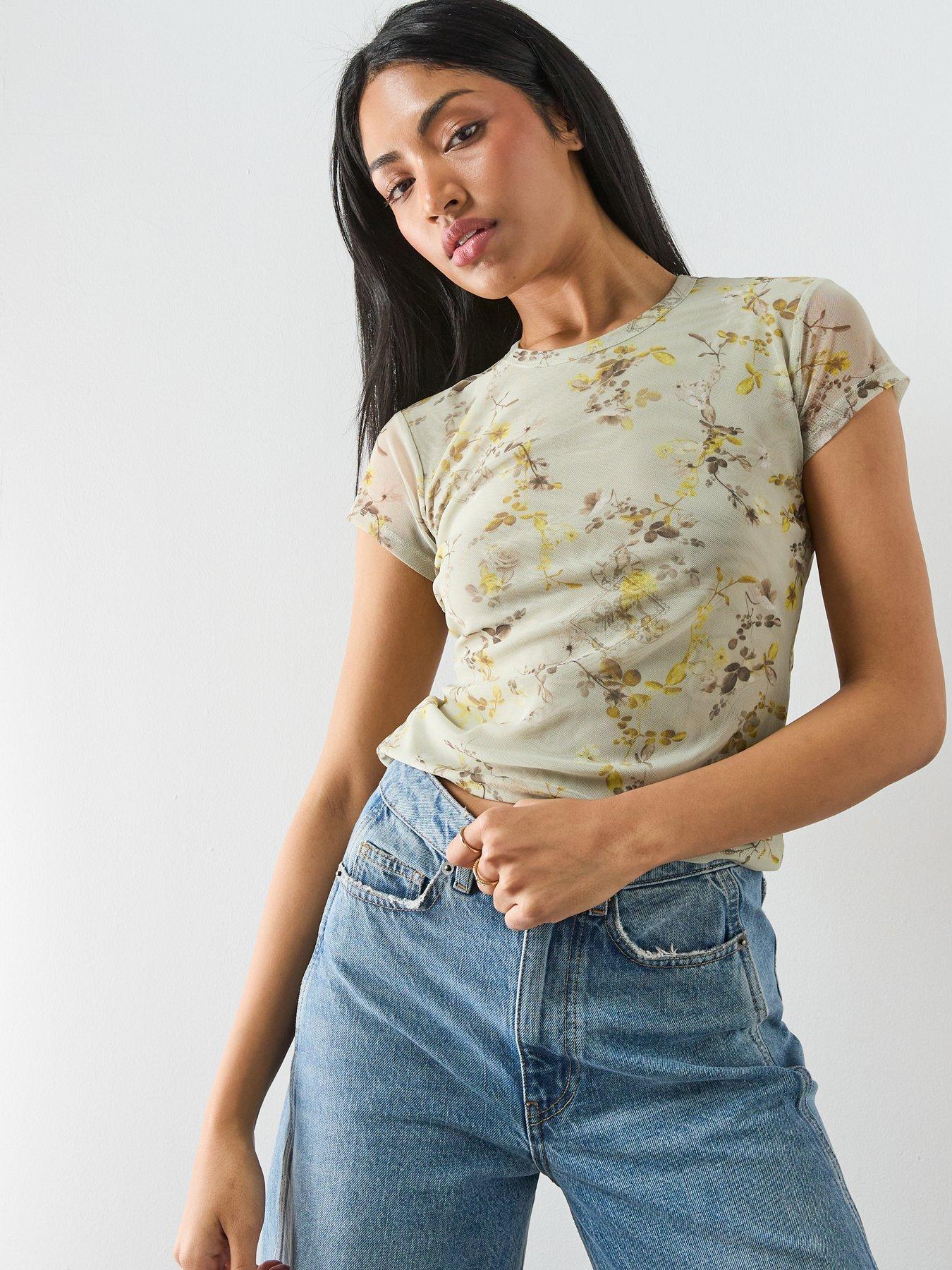 AllSaints Ellie Mesh Floral Print Slim T-Shirt - Green