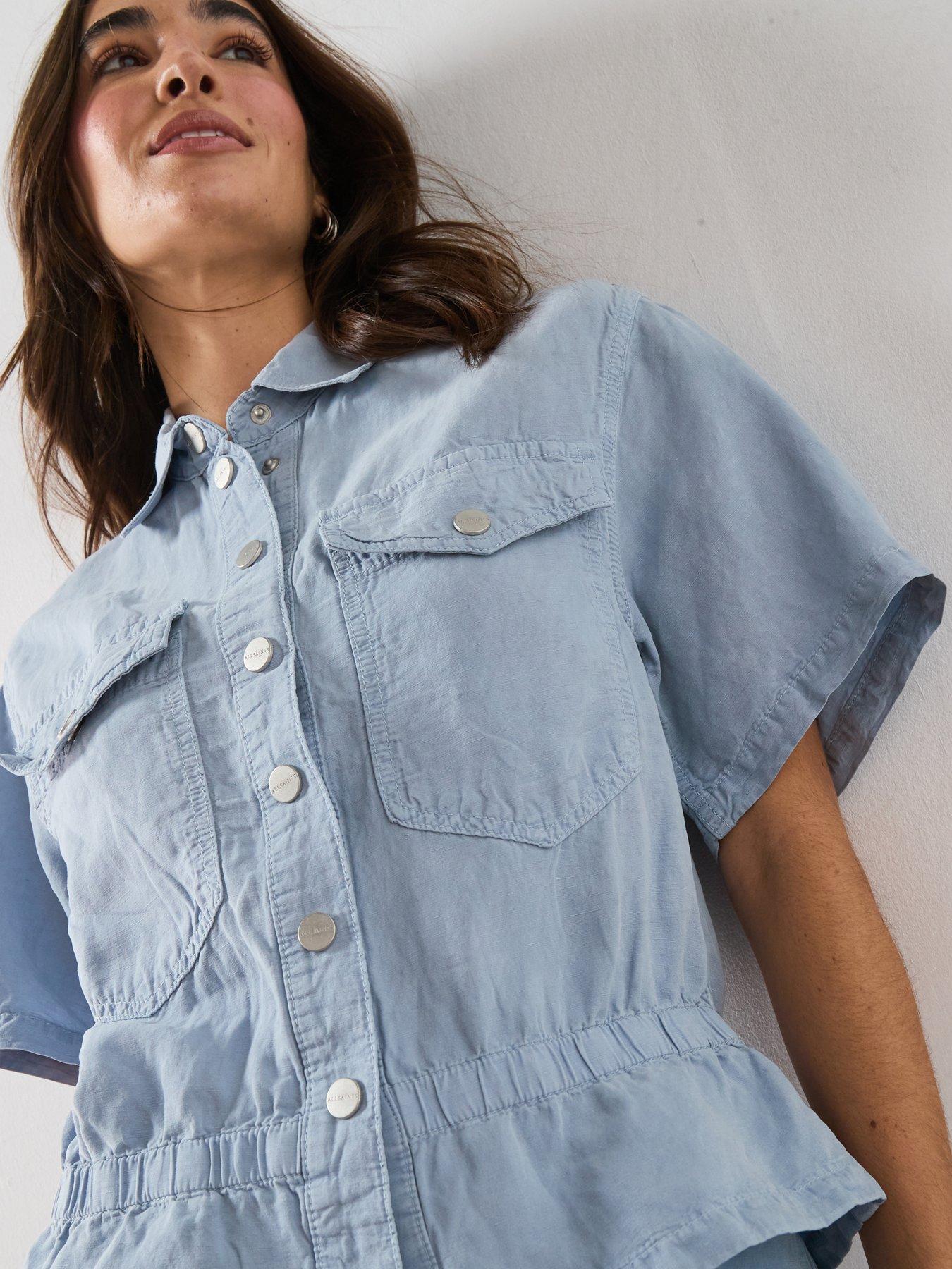 Image 4 of 6 of AllSaints Tove Linen Mix Shirt - Blue