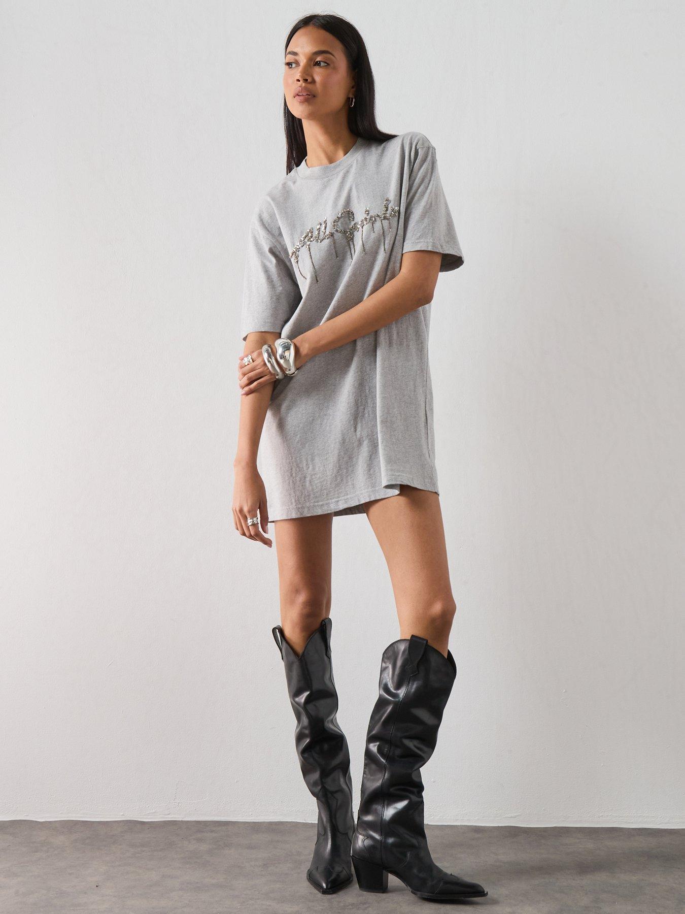 Image 3 of 6 of AllSaints Chains Embellished T-Shirt Mini Dress - Grey