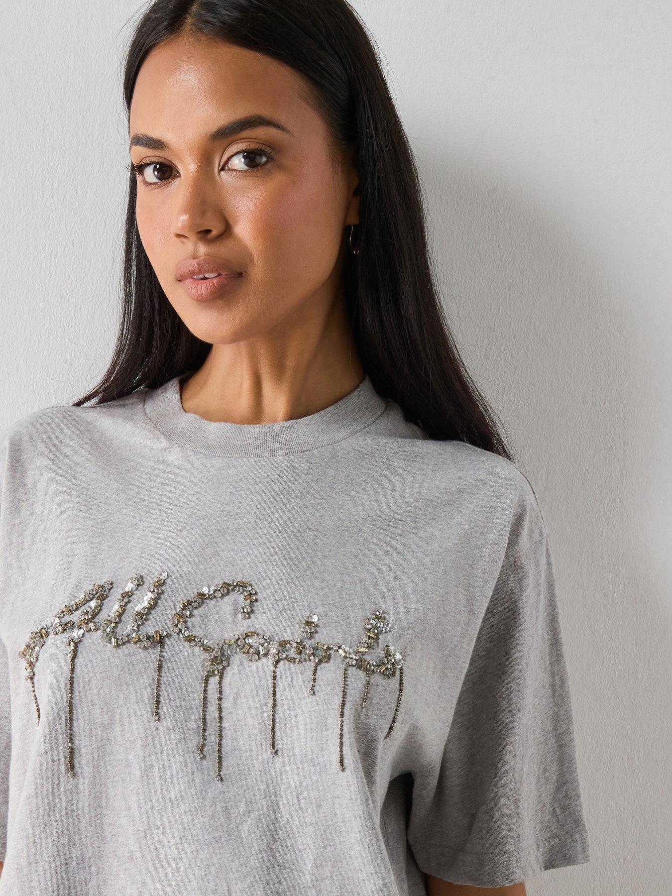 Image 4 of 6 of AllSaints Chains Embellished T-Shirt Mini Dress - Grey