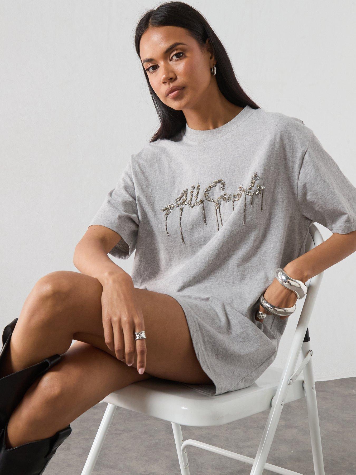 Image 5 of 6 of AllSaints Chains Embellished T-Shirt Mini Dress - Grey