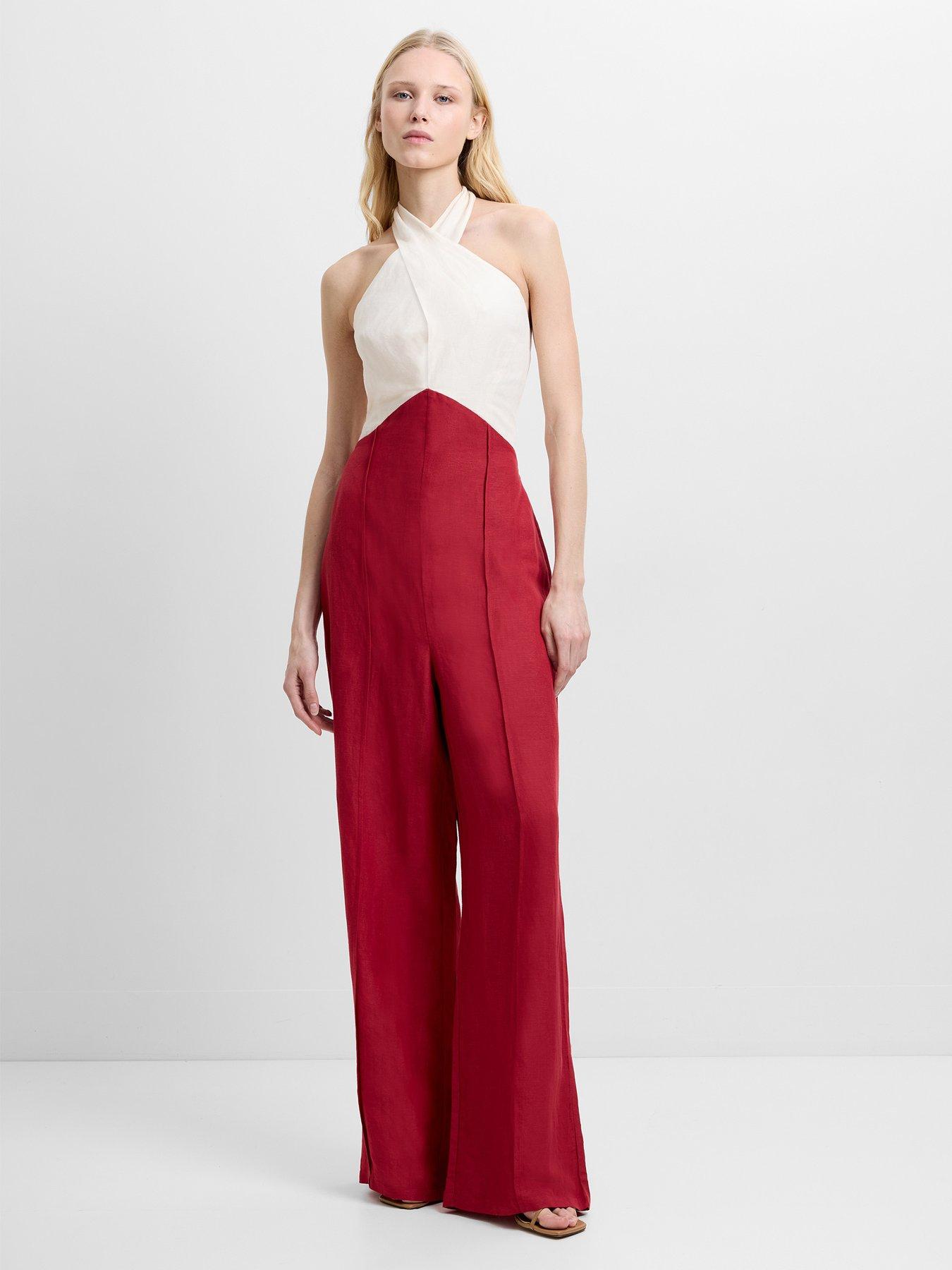 French Connection Linen Blend Colourblock Halter Neck Jumpsuit