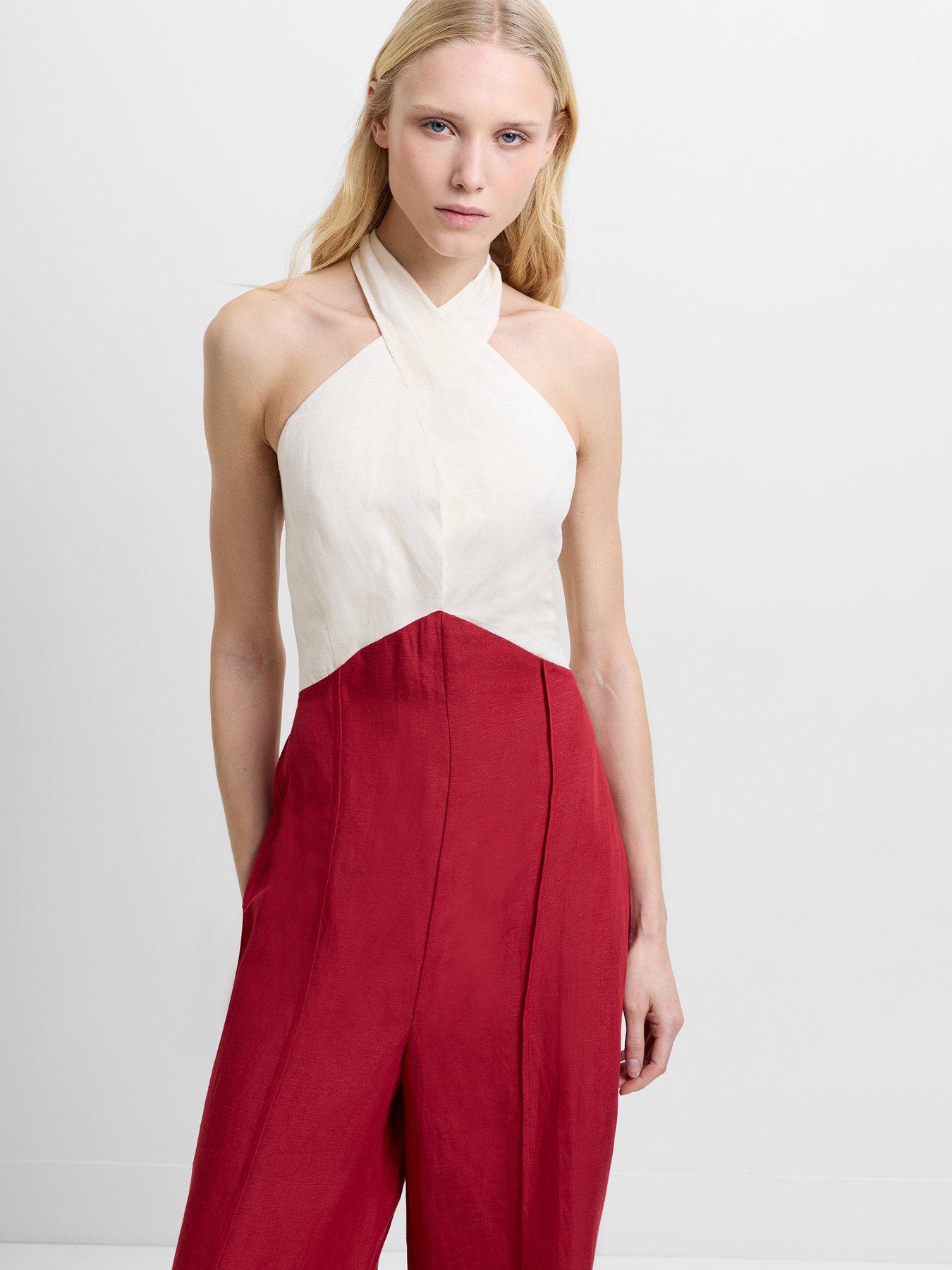 Image 5 of 6 of French Connection Linen Blend Colourblock Halter Neck Jumpsuit