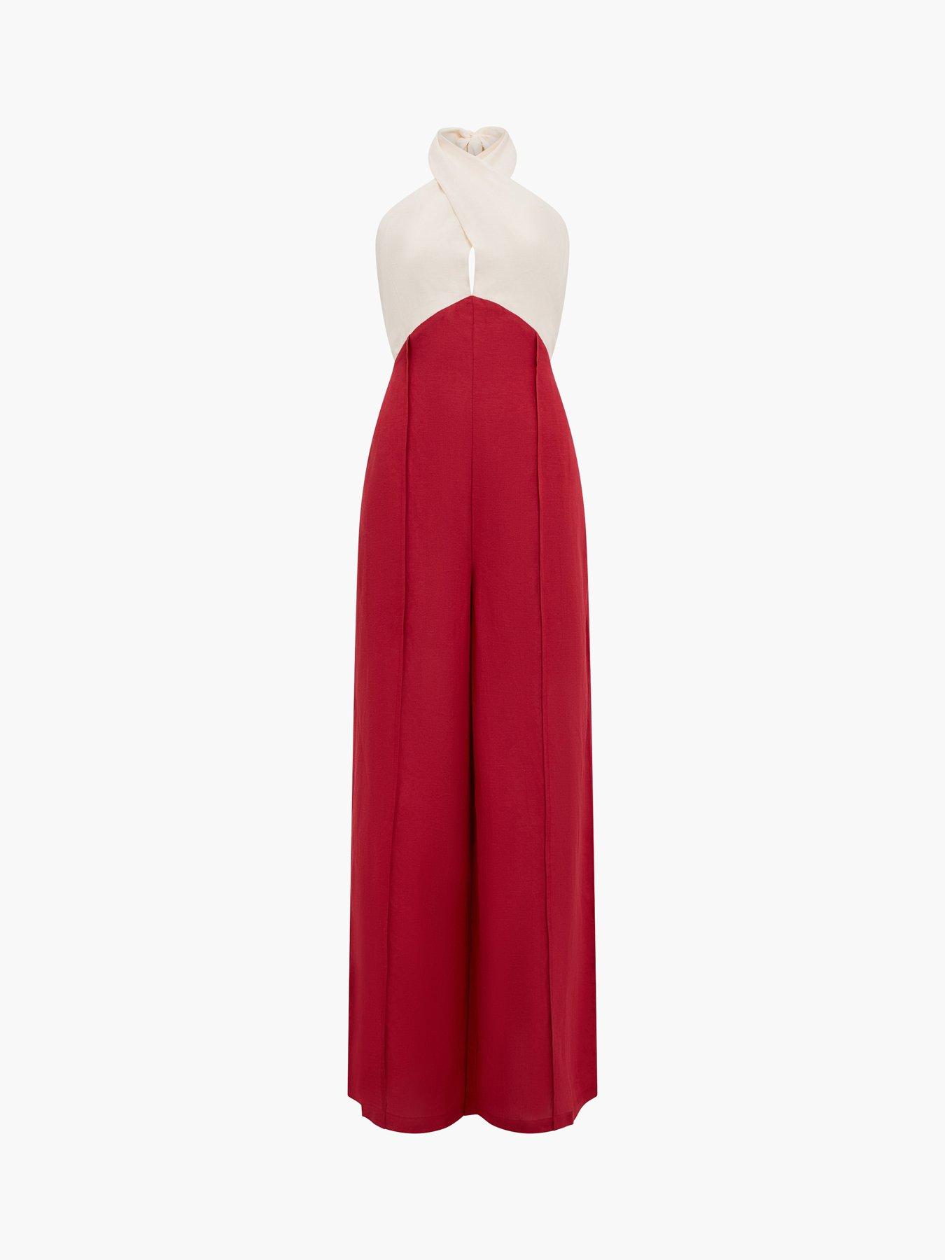 Image 6 of 6 of French Connection Linen Blend Colourblock Halter Neck Jumpsuit