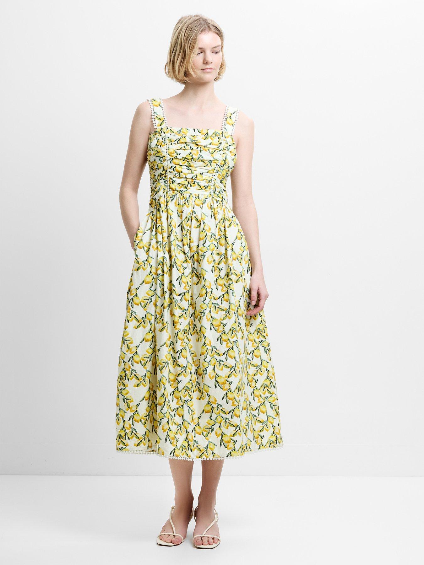 French Connection Cotton Lemon Print Ruched A-line Midi Dress