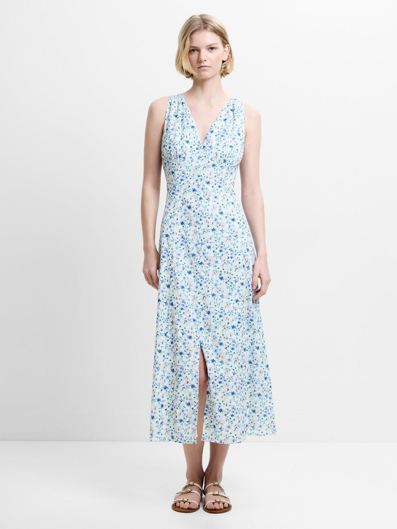 French Connection Cotton Floral Print V-neck Front Slit Midi Dress