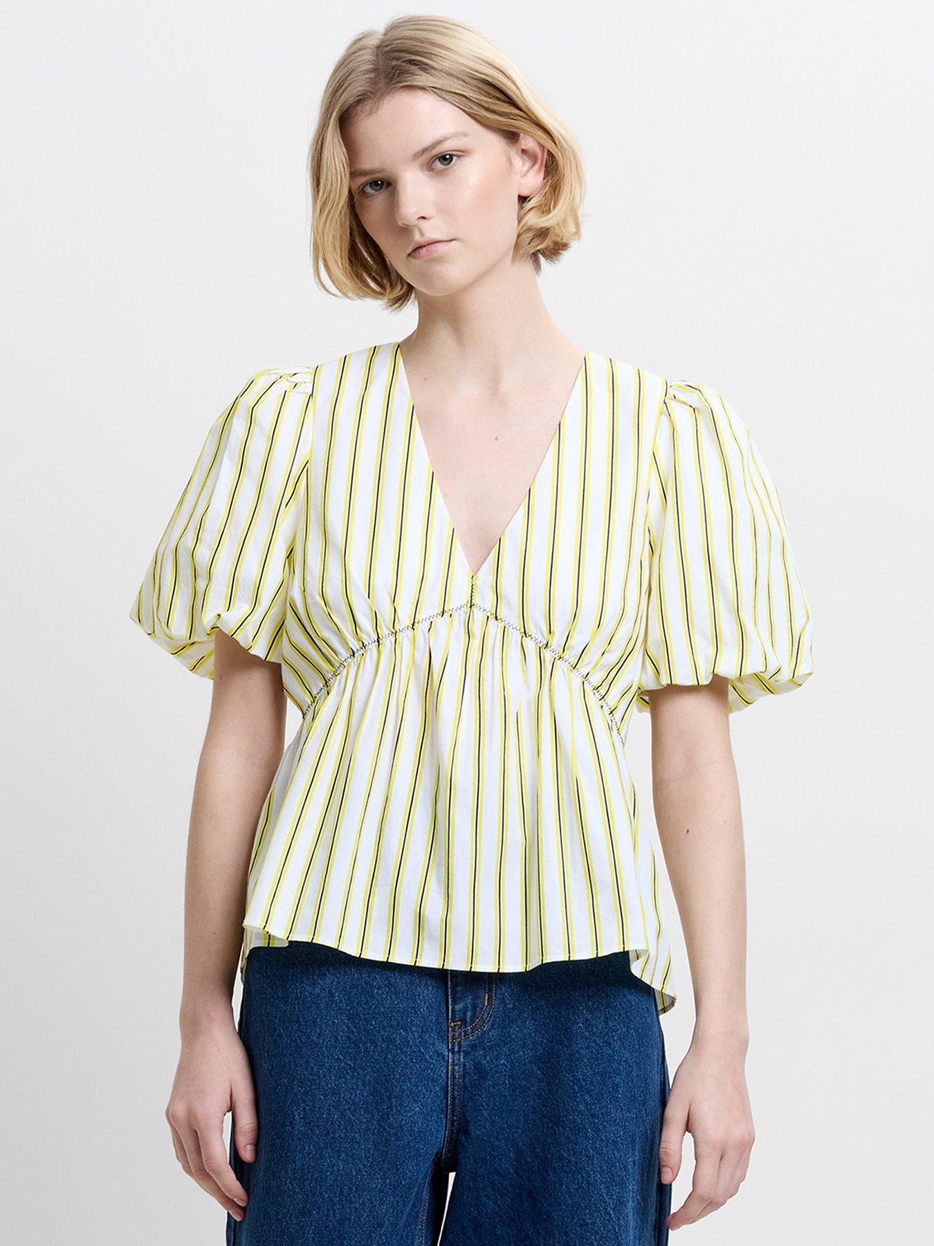 French Connection Cotton Striped V-neck Short Puff Sleeve Peplum Top