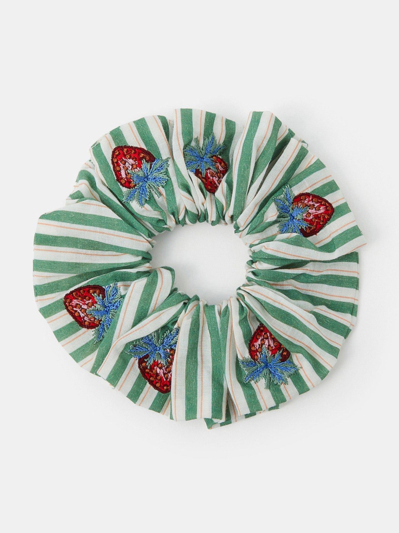  image of accessorize-strawberry-embroidered-stripe-scrunchie
