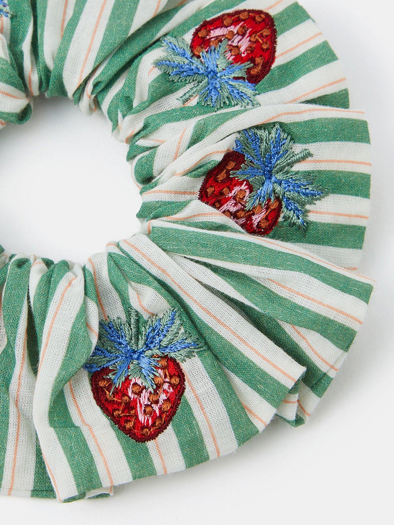  image of accessorize-strawberry-embroidered-stripe-scrunchie