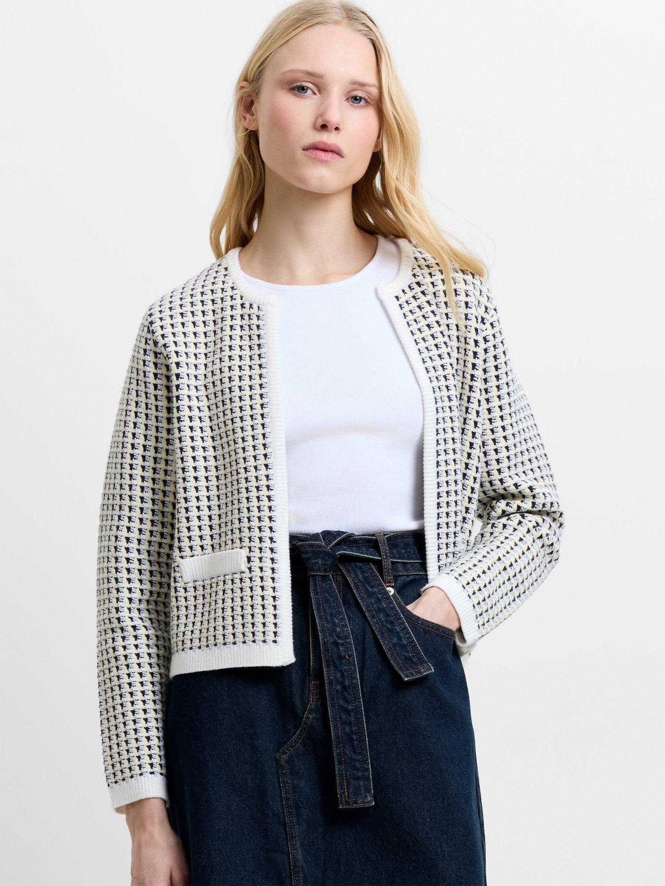 Image 1 of 4 of French Connection Micro-check Long Sleeve Collarless Knit Cardigan