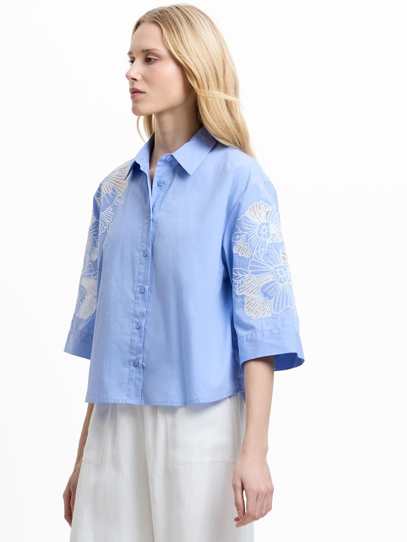 French Connection Cotton Button-up Floral Embroidered 3/4 Length Sleeve Shirt