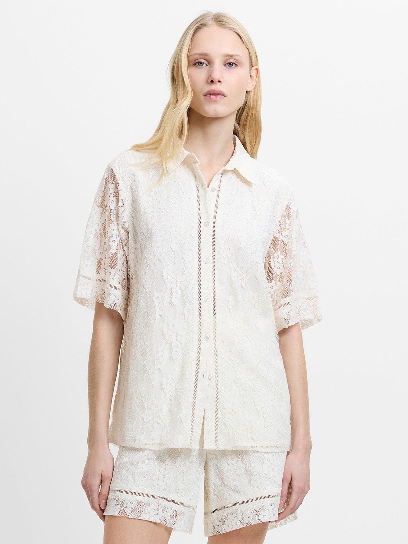 French Connection Lace Button-up Short Sleeve Shirt