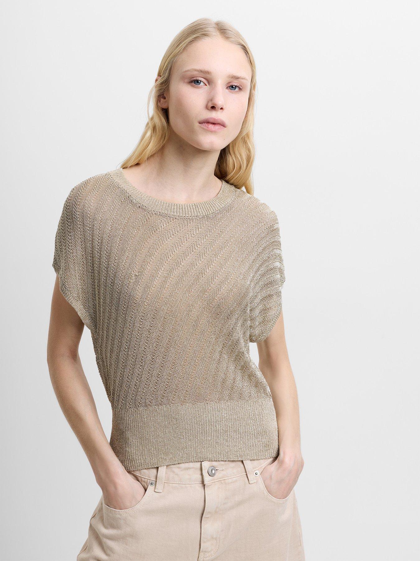 French Connection Metallic Knit Round Neck Top