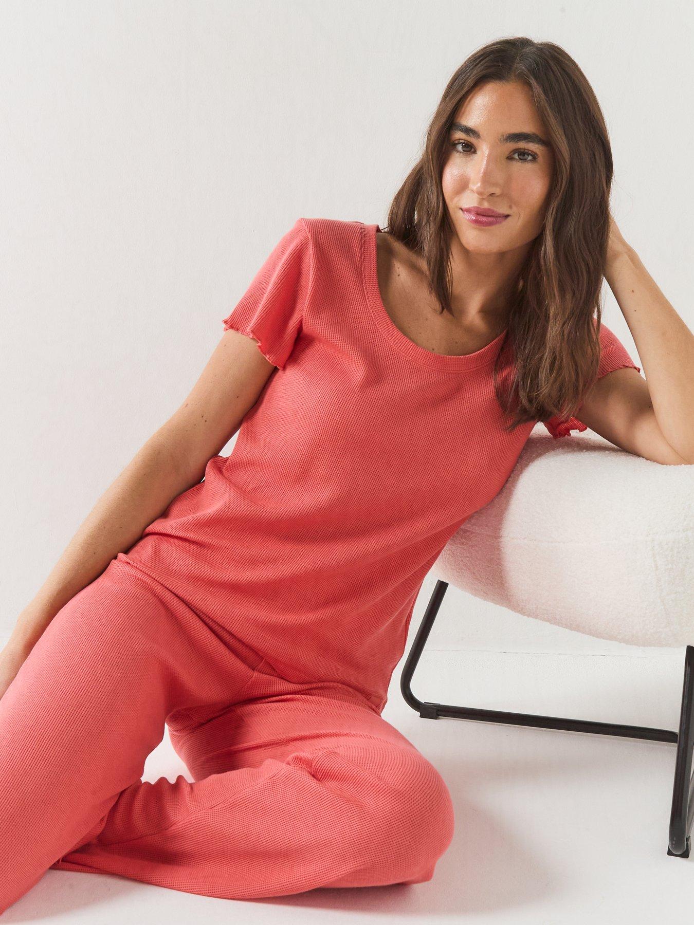 Image 5 of 5 of BOSS Waffle-structure Pyjama T-shirt In A Cotton Blend - Orange