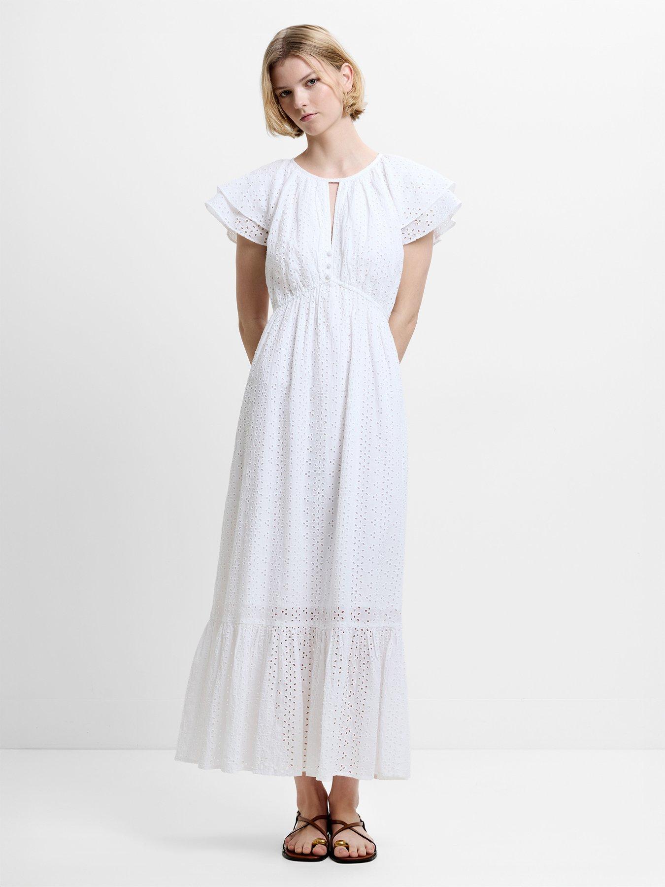 French Connection Cotton Embroidered Short Ruffle Sleeve Maxi Dress