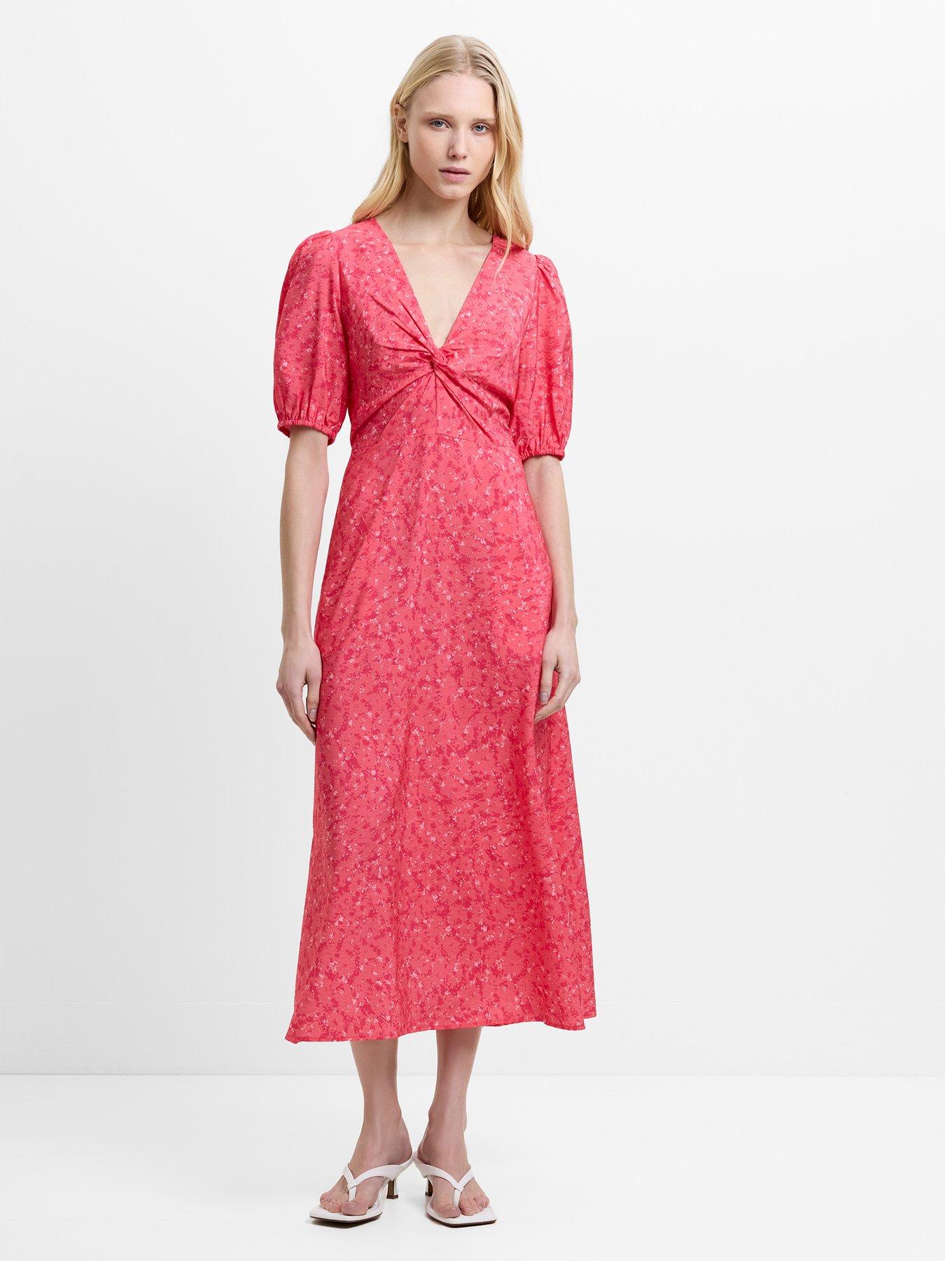 French Connection Printed Twist V-neck Short Puff Sleeve Midi Dress