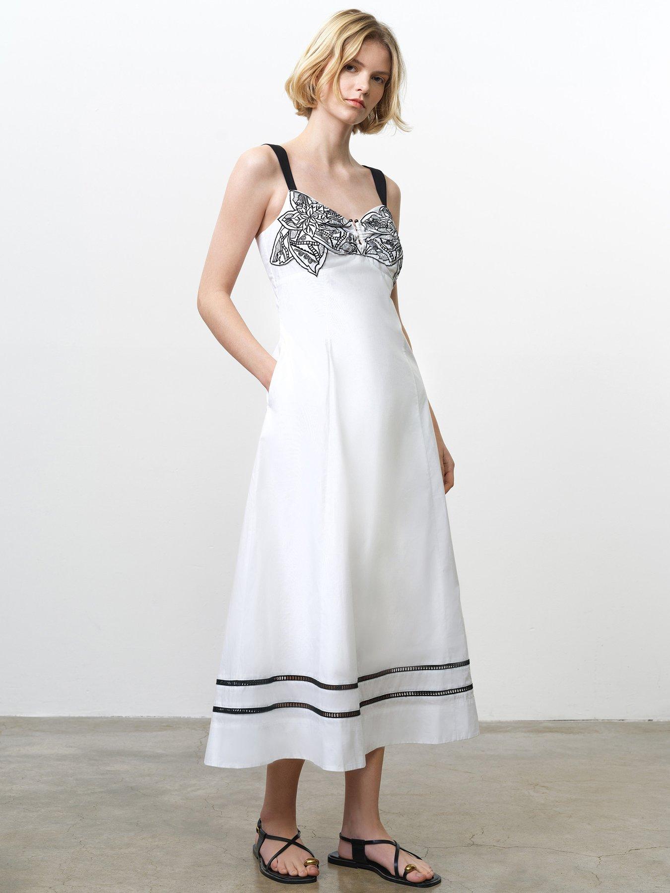 French Connection Cotton Floral Embroidered Wide Strap Midi Dress