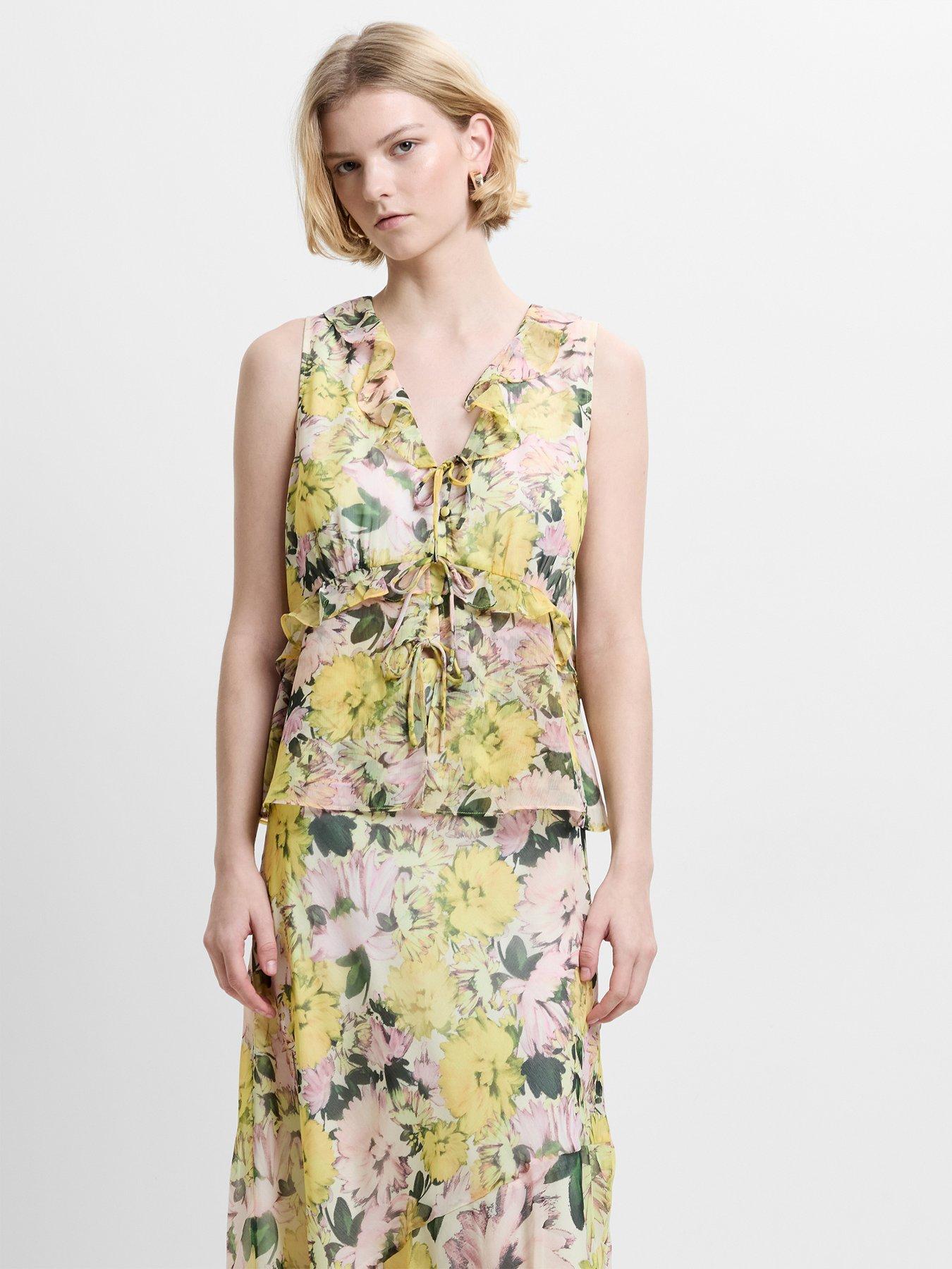 French Connection Floral Chiffon Ruffle V-neck Top