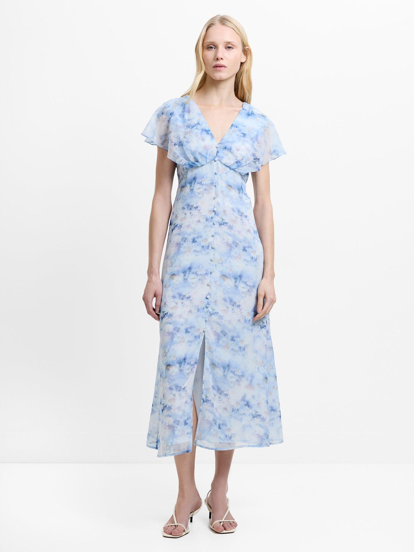 French Connection Soft Floral Print Short Ruffle Sleeve V-neck Midi Dress