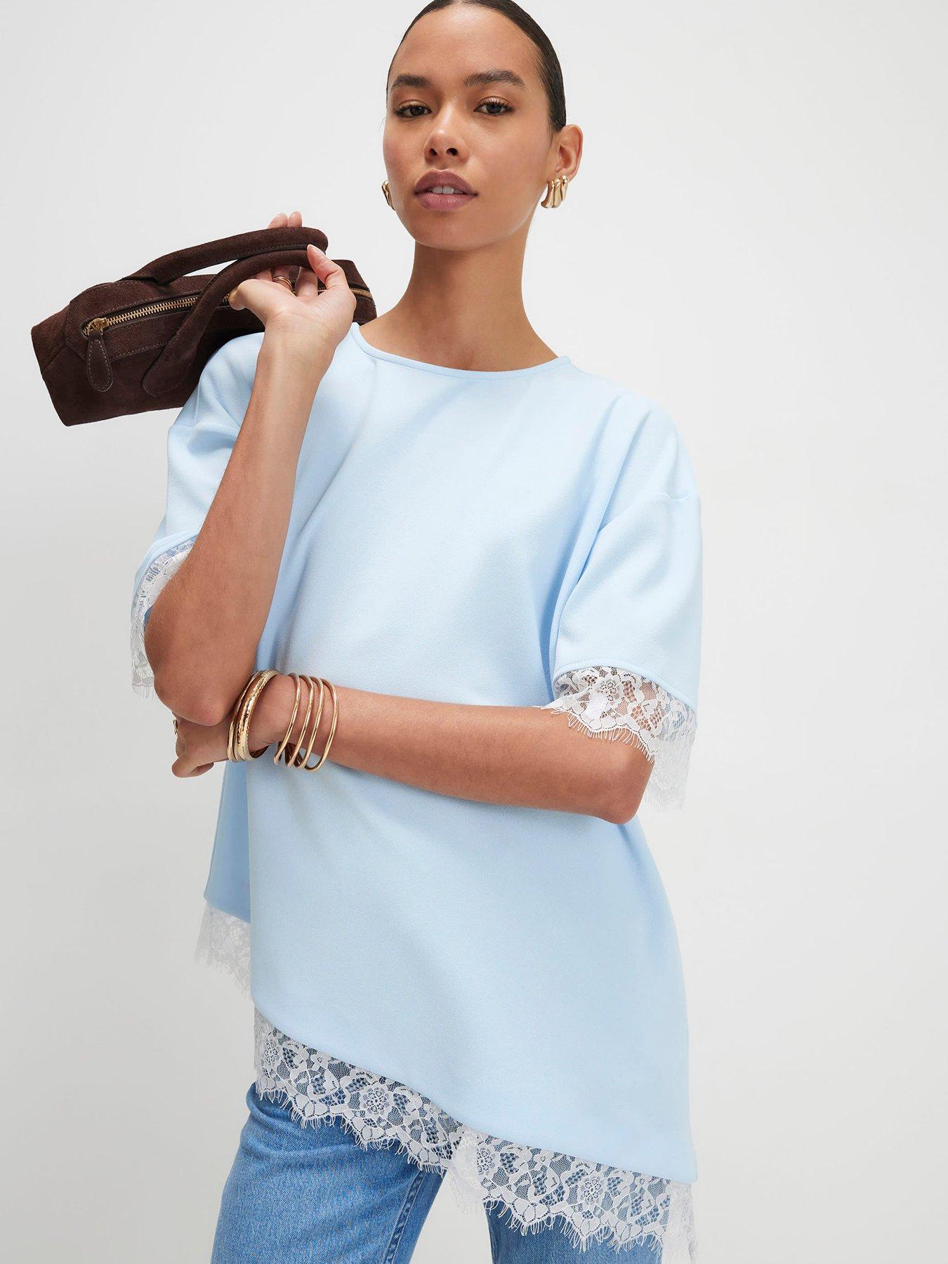 River Island Lace Trim Asymmetric T-Shirt - Blue
