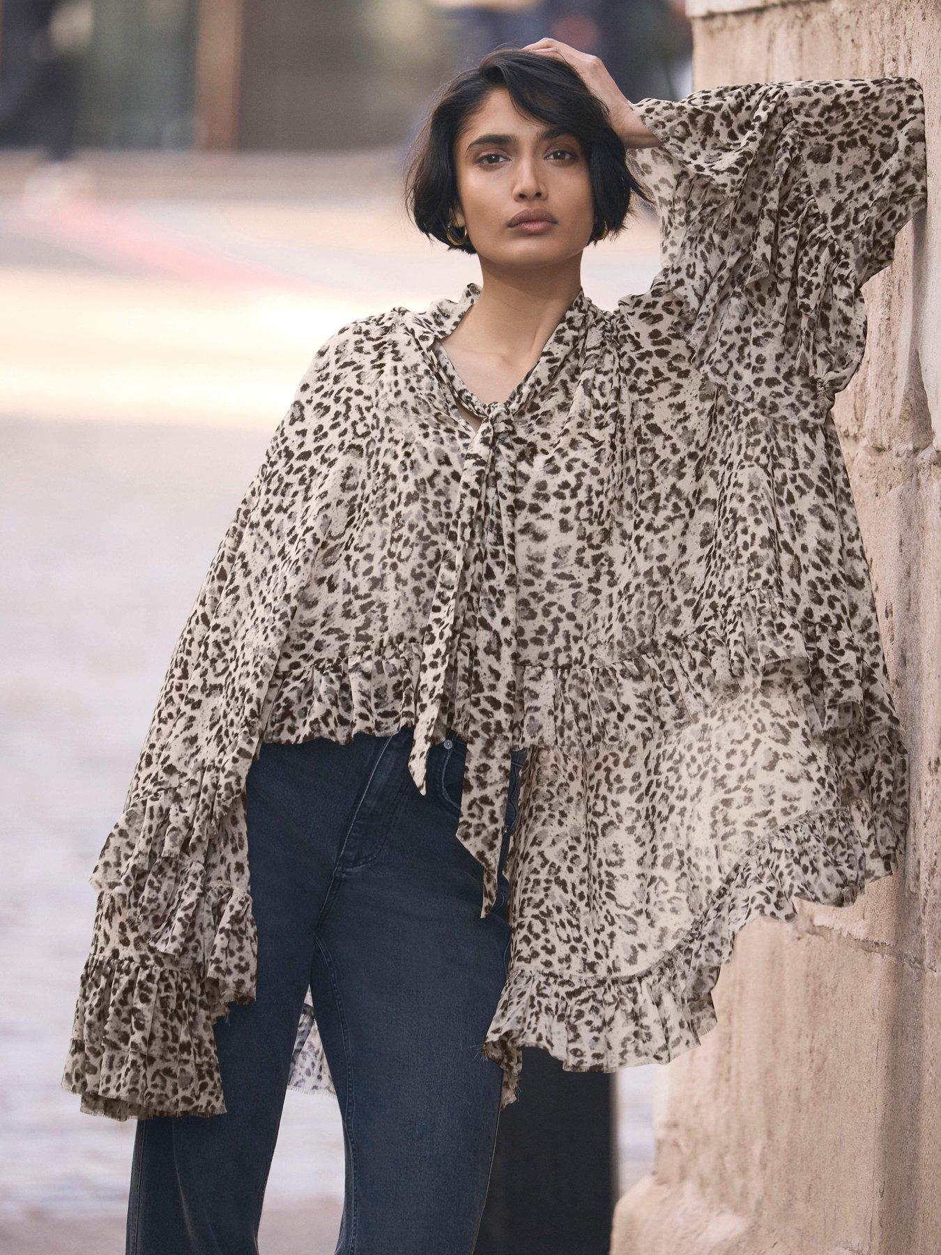 front image of mint-velvet-leopard-print-ruffle-blouse