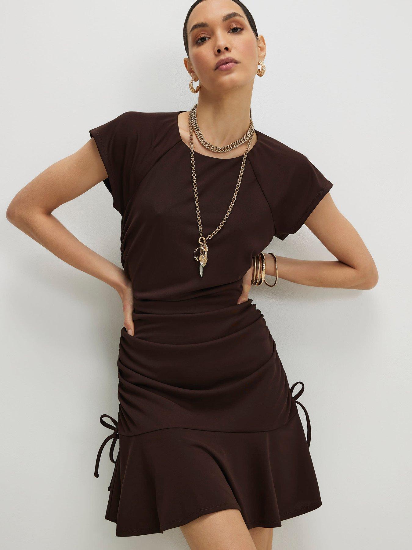 Image 1 of 5 of River Island Short Sleeve Ruched Mini Dress - Brown