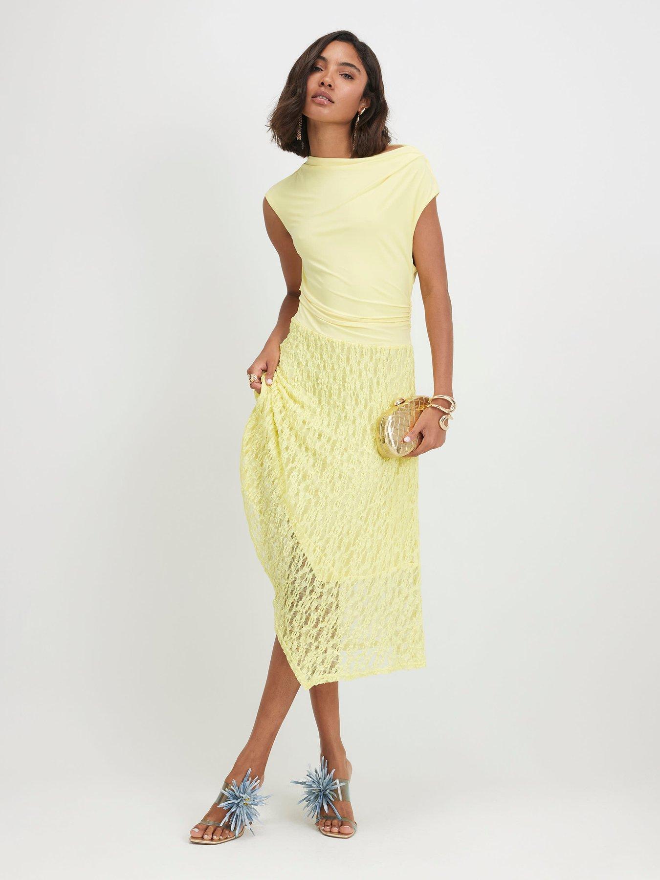 River Island Short Sleeve Lace Skirt Hybrid Drape Drs - Yellow