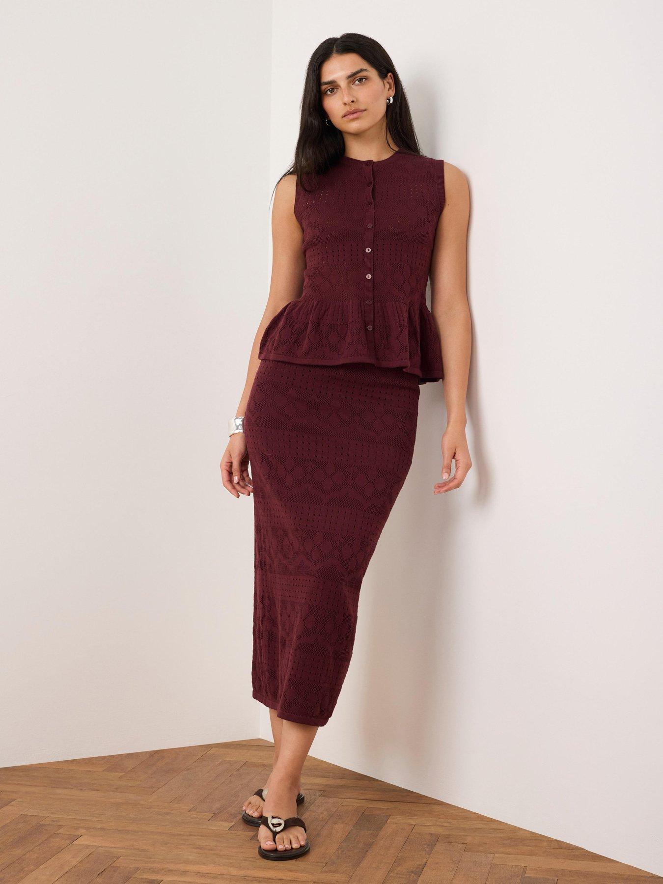 Mint Velvet Burgundy Pointelle Knit Skirt