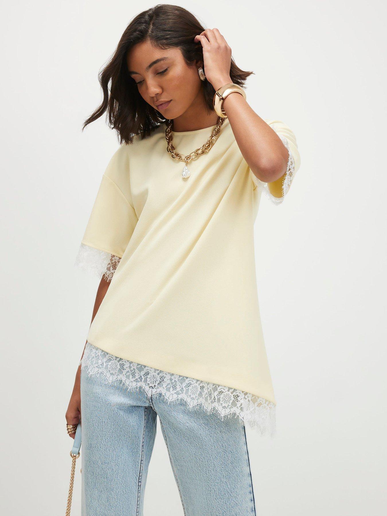 River Island Lace Trim Asymmetric T-Shirt - Yellow