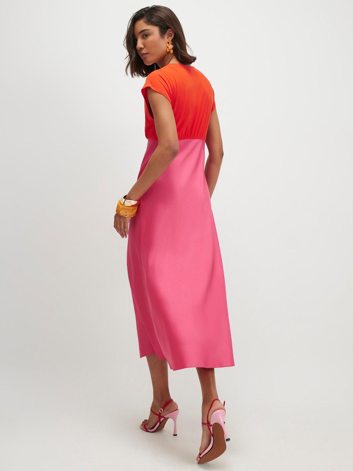 river island hot pink dress Short Sleeve V Neck Lace Satin - size:xxs