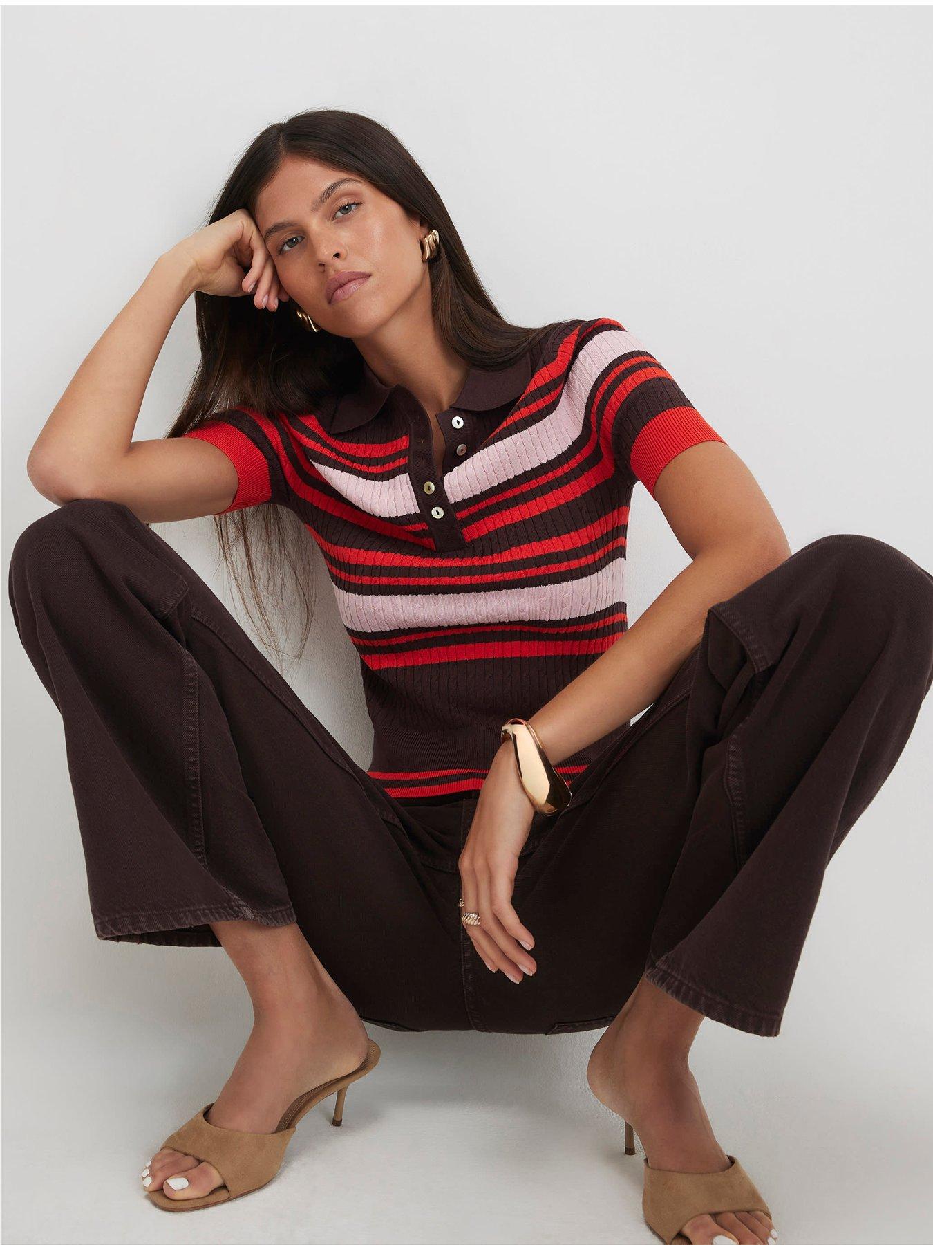 River Island Women's Striped Cable Knit Polo Shirt - Brown