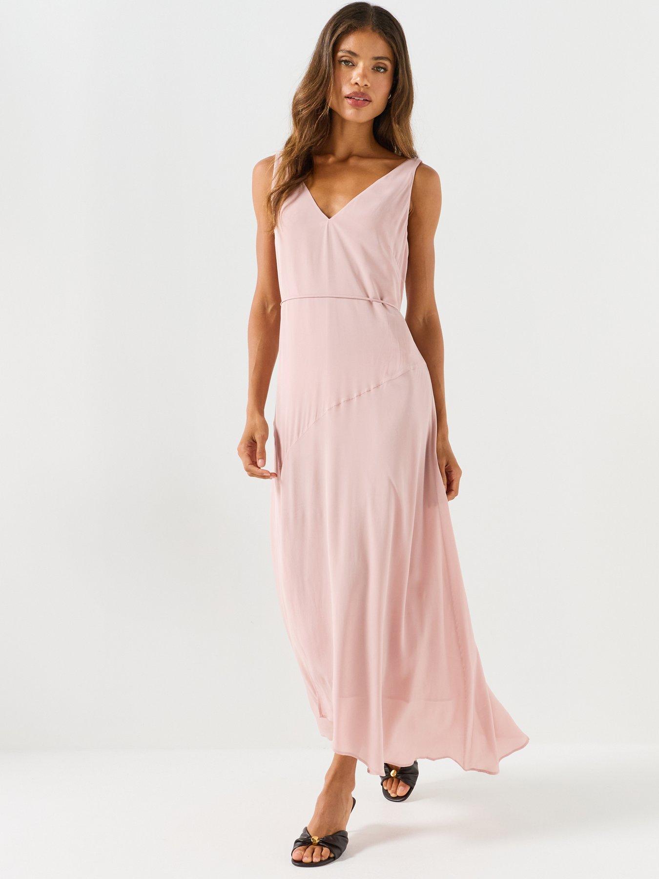 BOSS Women's Sleeveless Maxi Dress with V-Neck and Tie Waist Detail - Pink