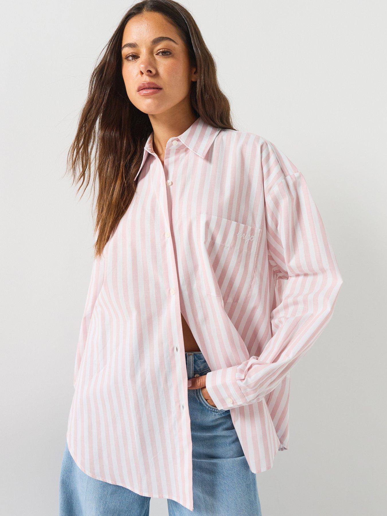 Image 1 of 5 of HUGO Striped-Cotton Oversized-Fit Blouse With HUGO Logo - Light Pink