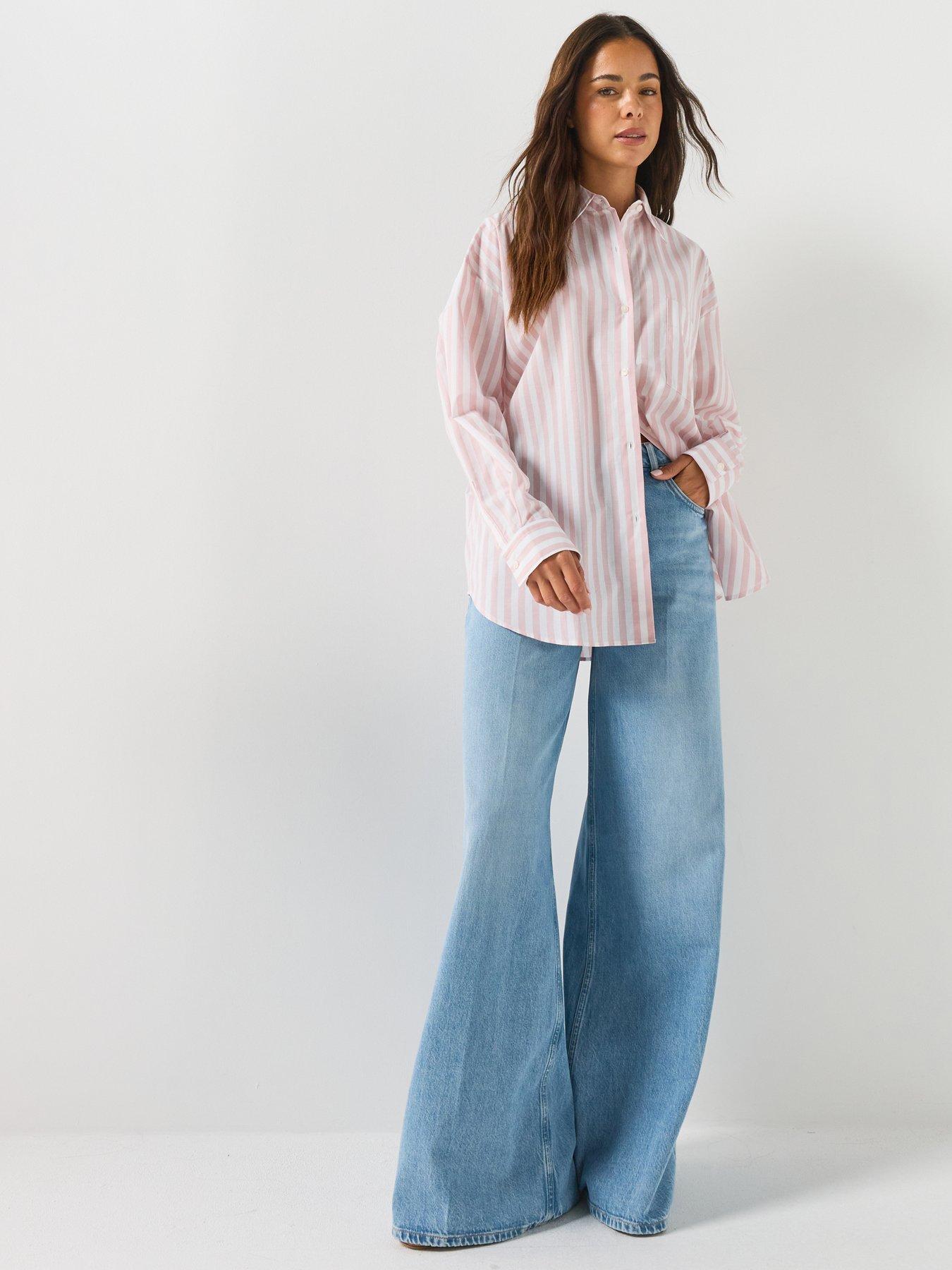 Image 3 of 5 of HUGO Striped-Cotton Oversized-Fit Blouse With HUGO Logo - Light Pink