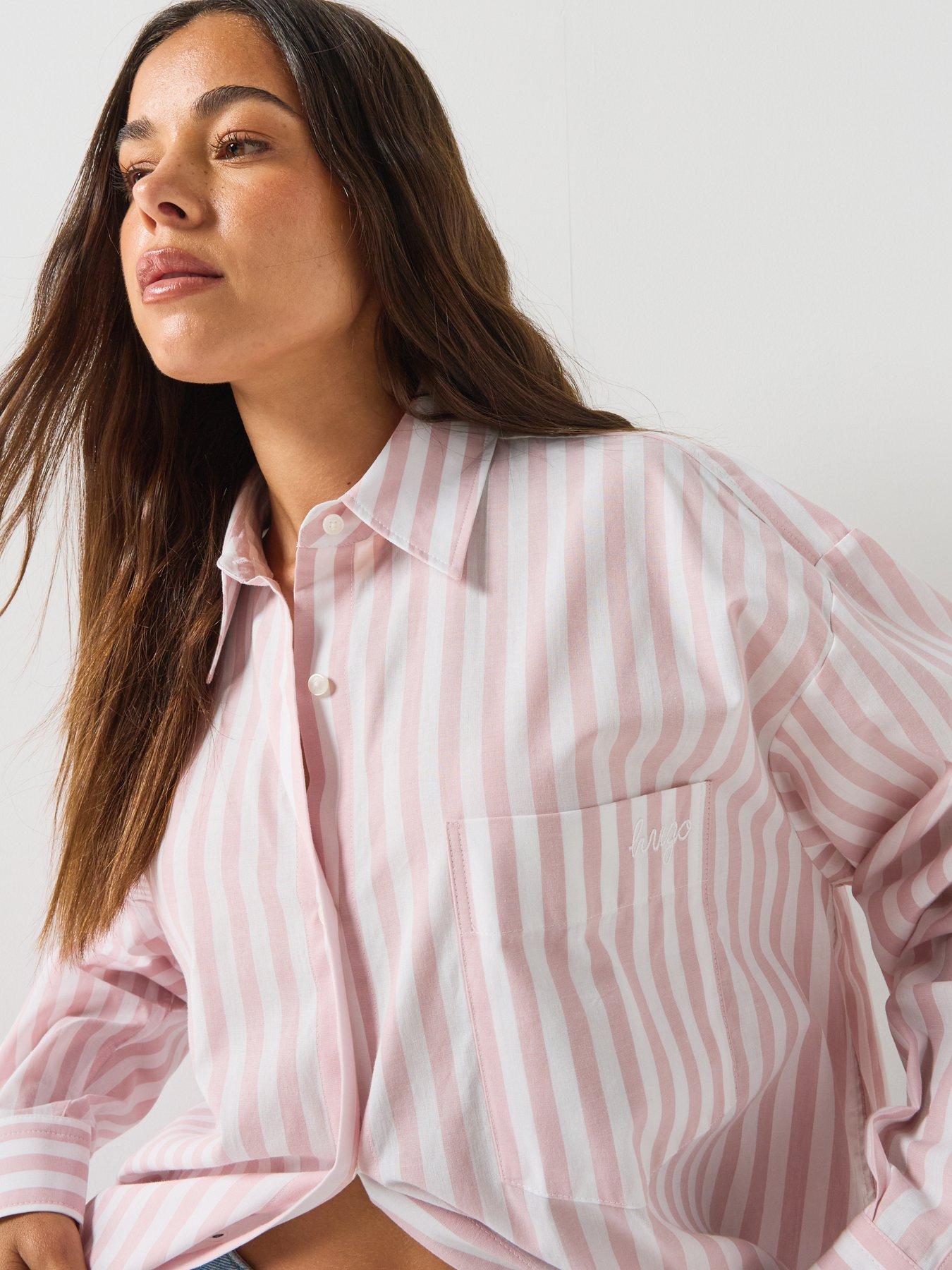 Image 4 of 5 of HUGO Striped-Cotton Oversized-Fit Blouse With HUGO Logo - Light Pink