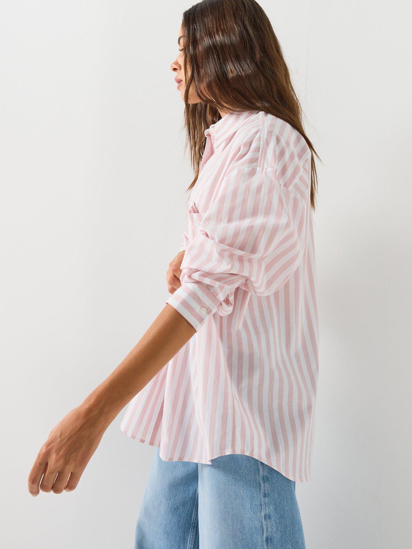 Image 5 of 5 of HUGO Striped-Cotton Oversized-Fit Blouse With HUGO Logo - Light Pink