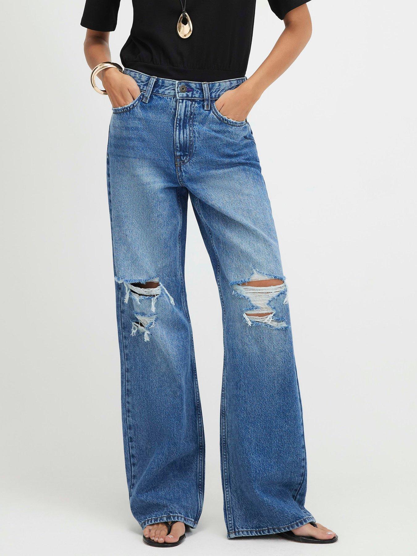 River Island Ripped Relaxed Straight Leg Jeans - Blue