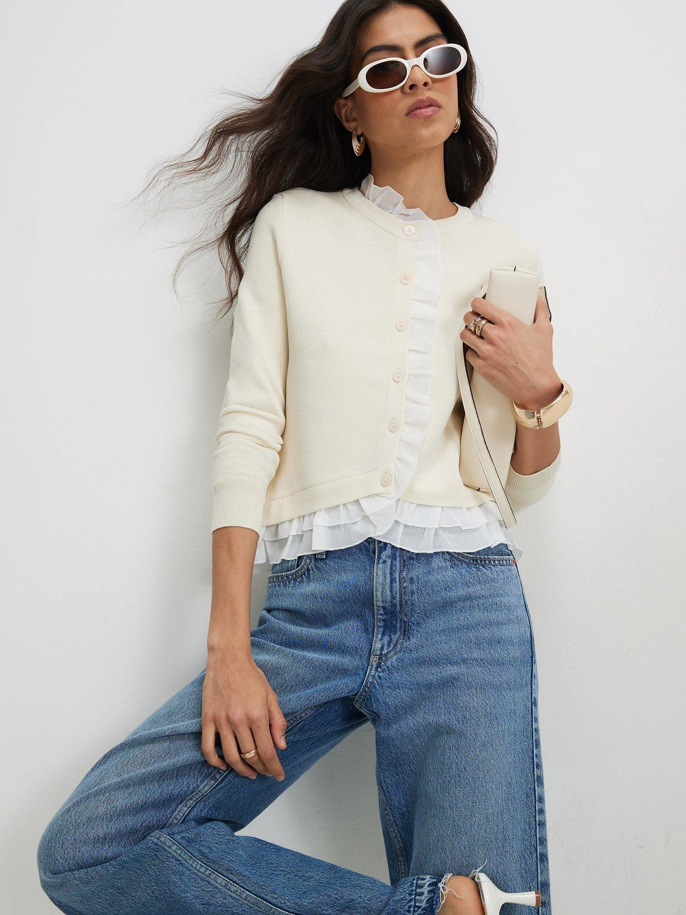 River Island Frill Fine GG Cardigan - Cream