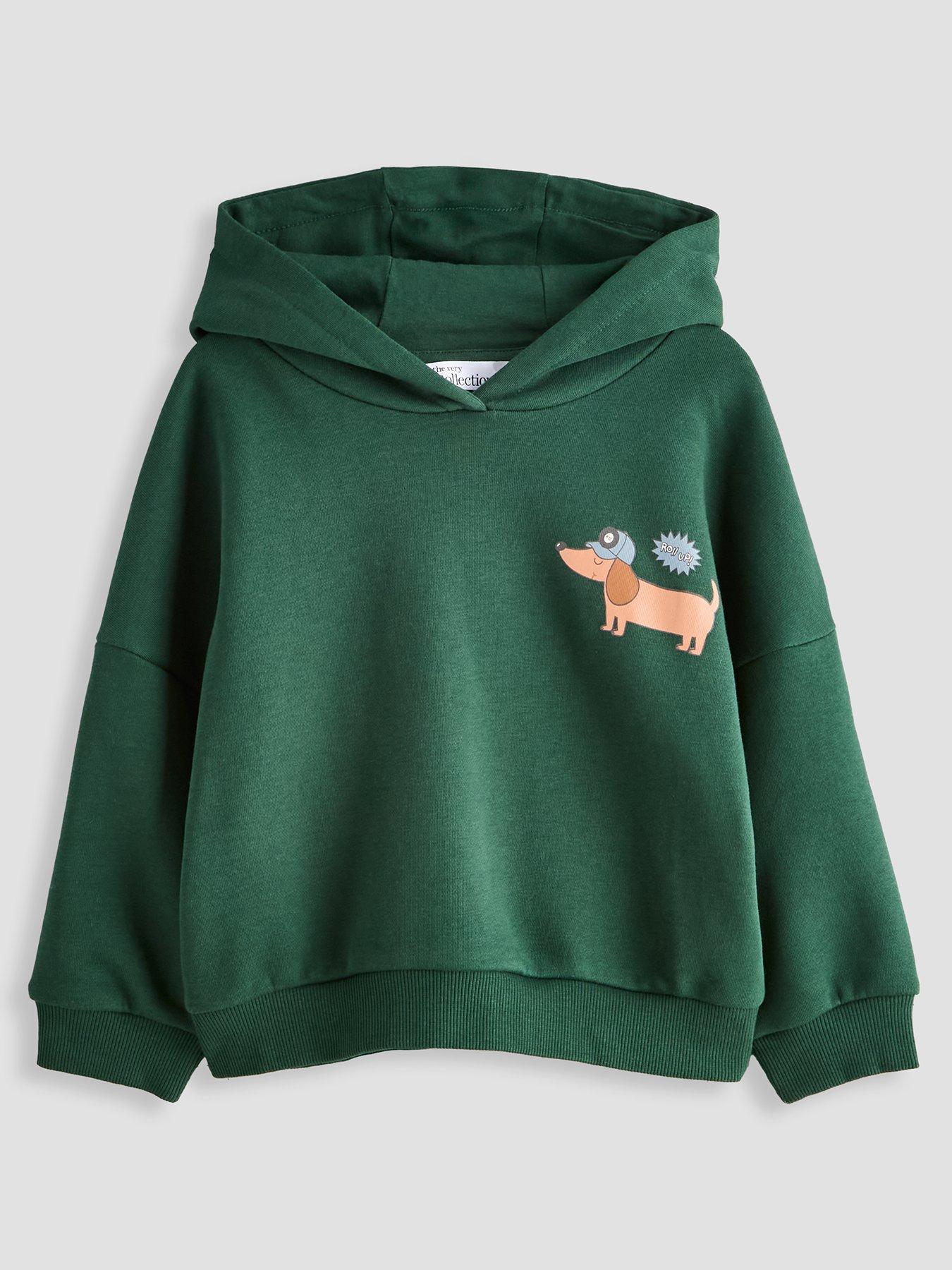 The Very Collection Boys Cotton Rich Sausuage Dog Basic Hoodie - Green