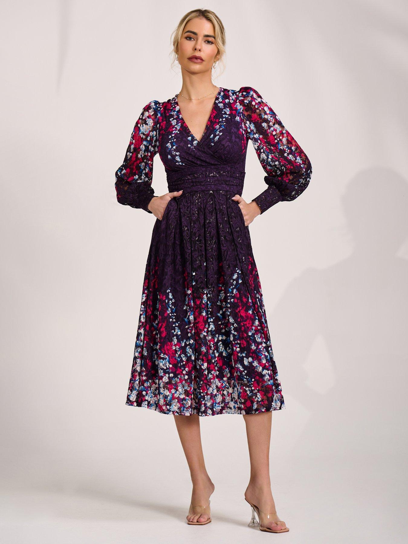 Jolie Moi Long Sleeve Printed Lace Midi Dress - Purple