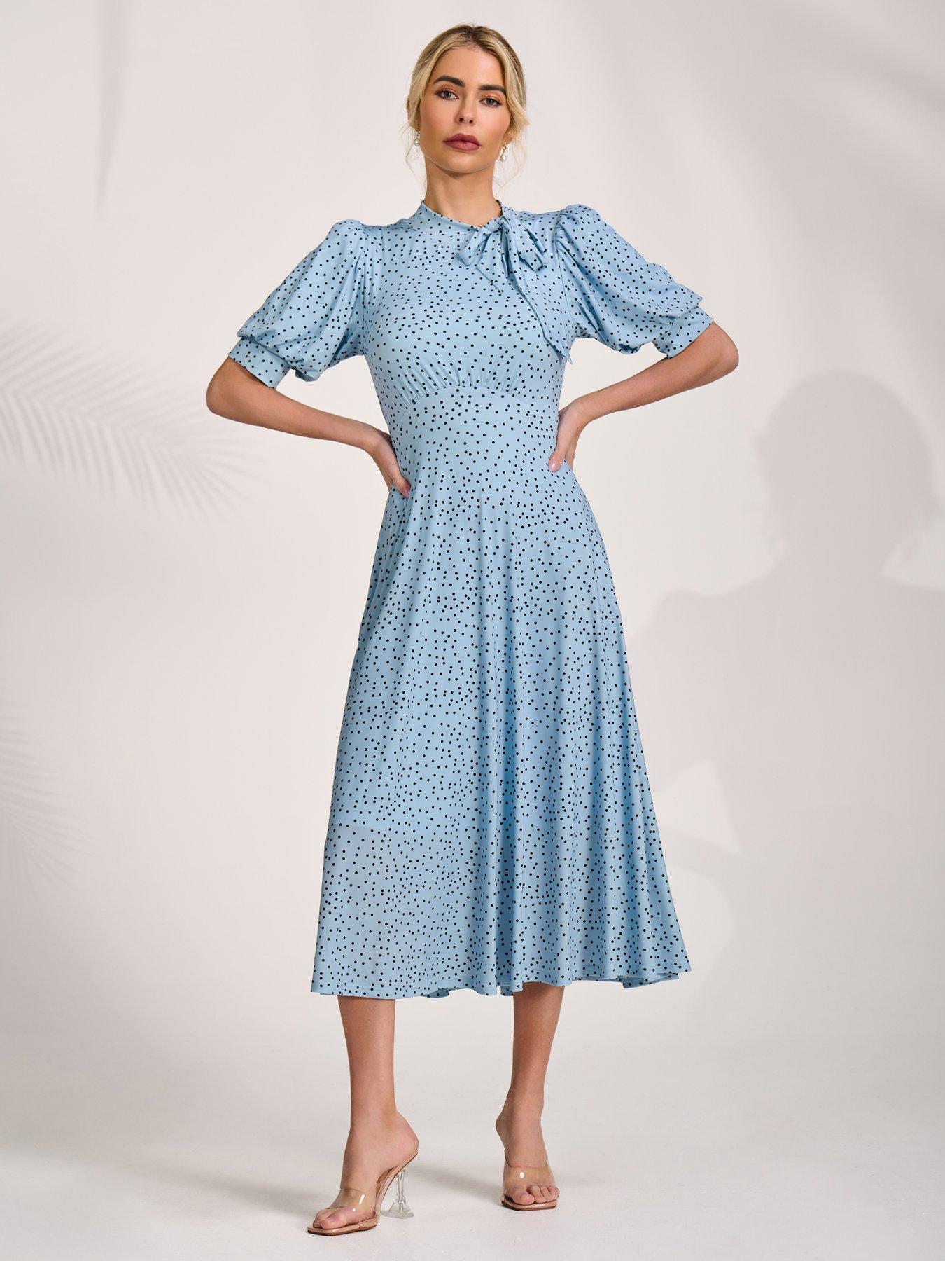 Jolie Moi Tie Neck Puffy Sleeve Jersey Midi Dress - Blue