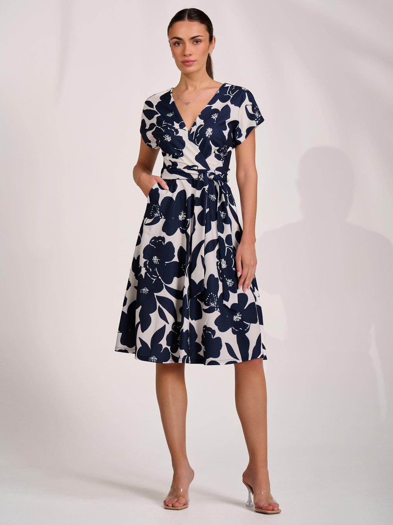 Jolie Moi V Neck Print Scuba Midi Dress - Cream