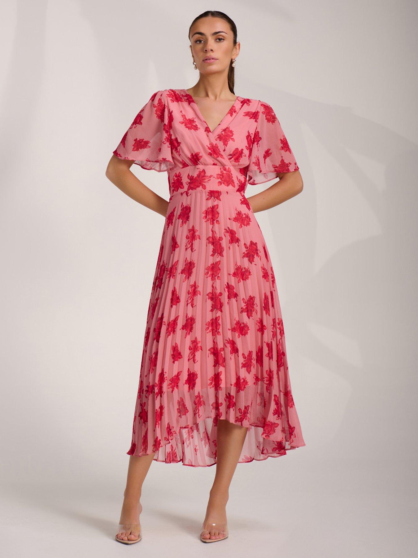 Jolie Moi Printed Chiffon Pleated Maxi Dress - Pink | Littlewoods