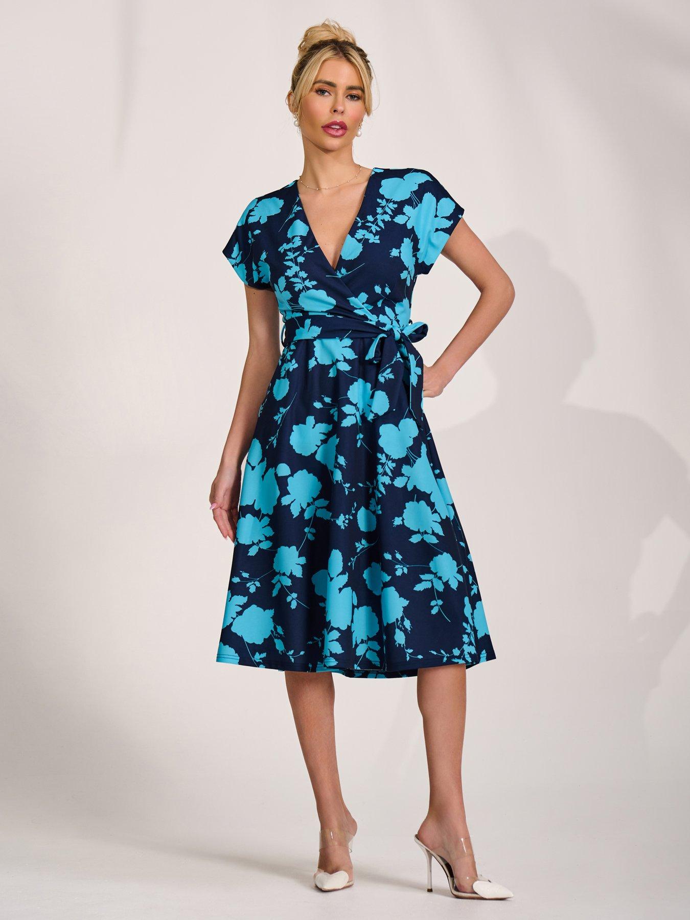 Jolie Moi V Neck Print Scuba Midi Dress - Blue