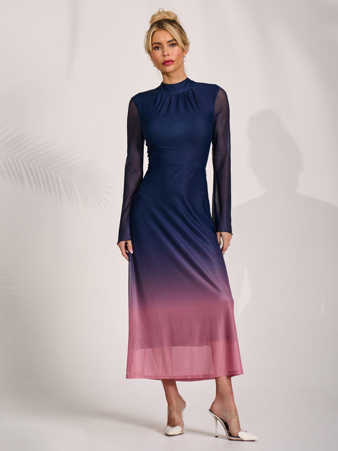 Jolie Moi Long Sleeve High Neck Mesh Dress - Multi