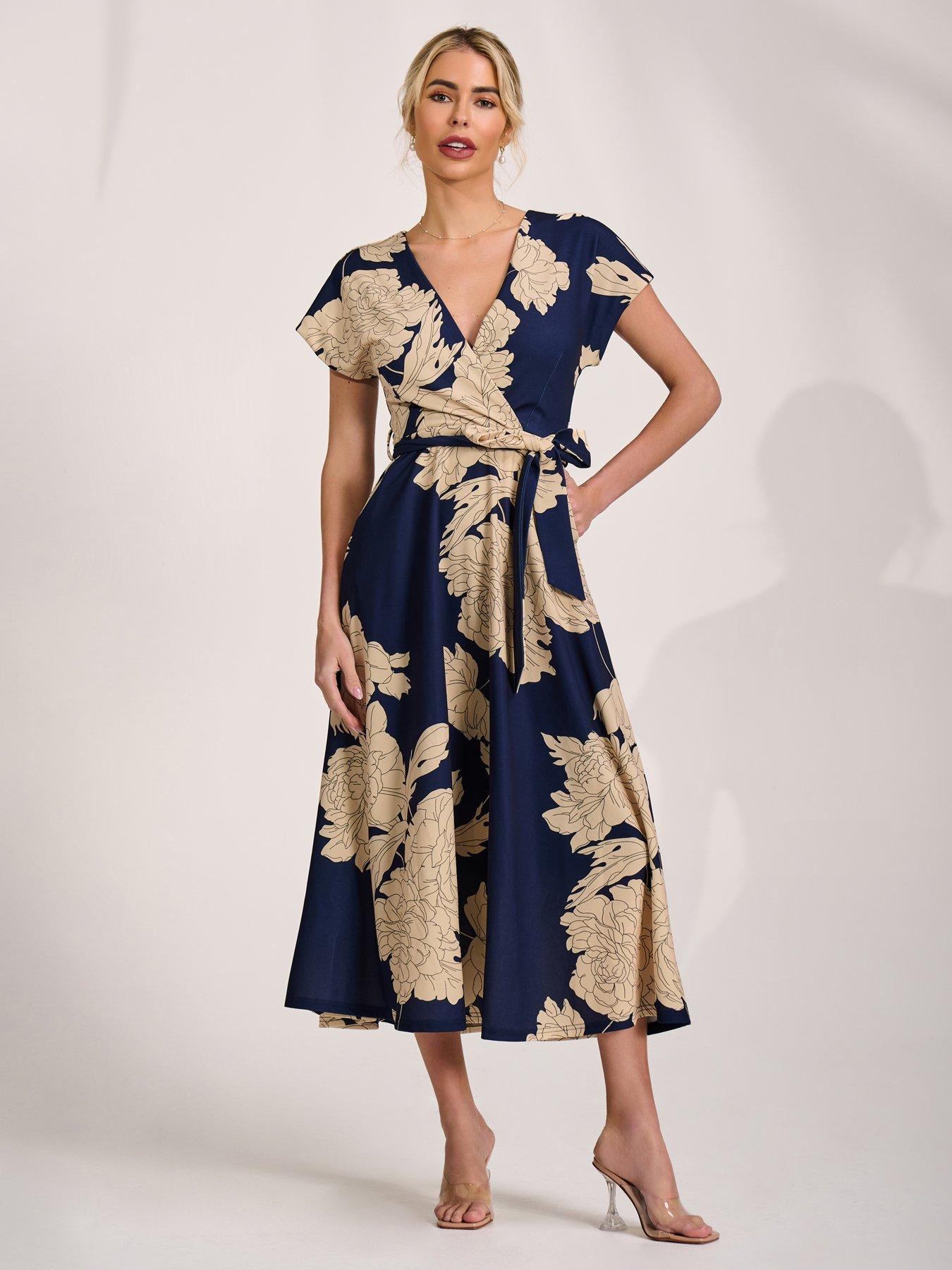 Jolie Moi Kimono Sleeve Print Scuba Midi Dress - Navy