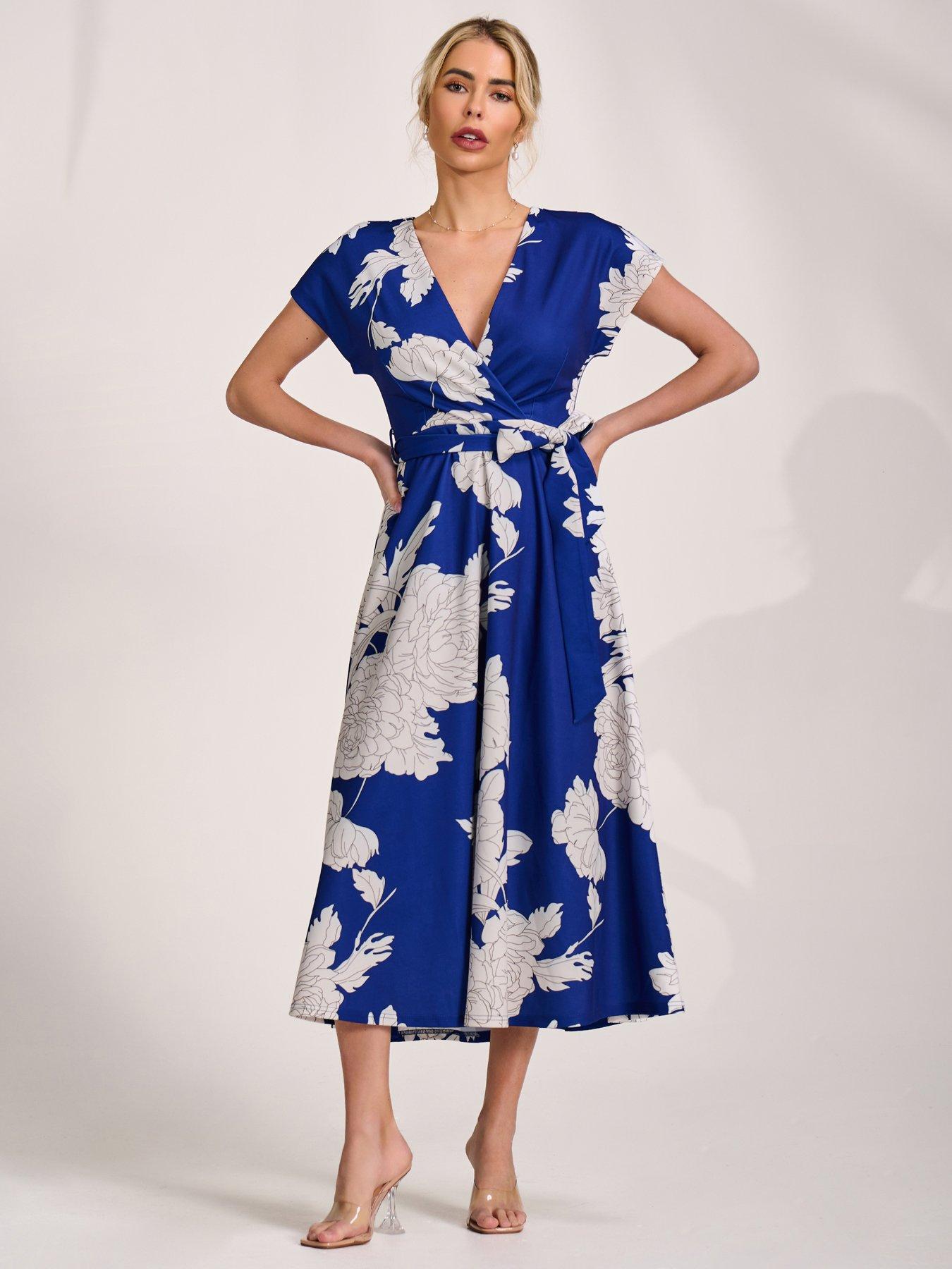 Jolie Moi Kimono Sleeve Print Scuba Midi Dress - Blue