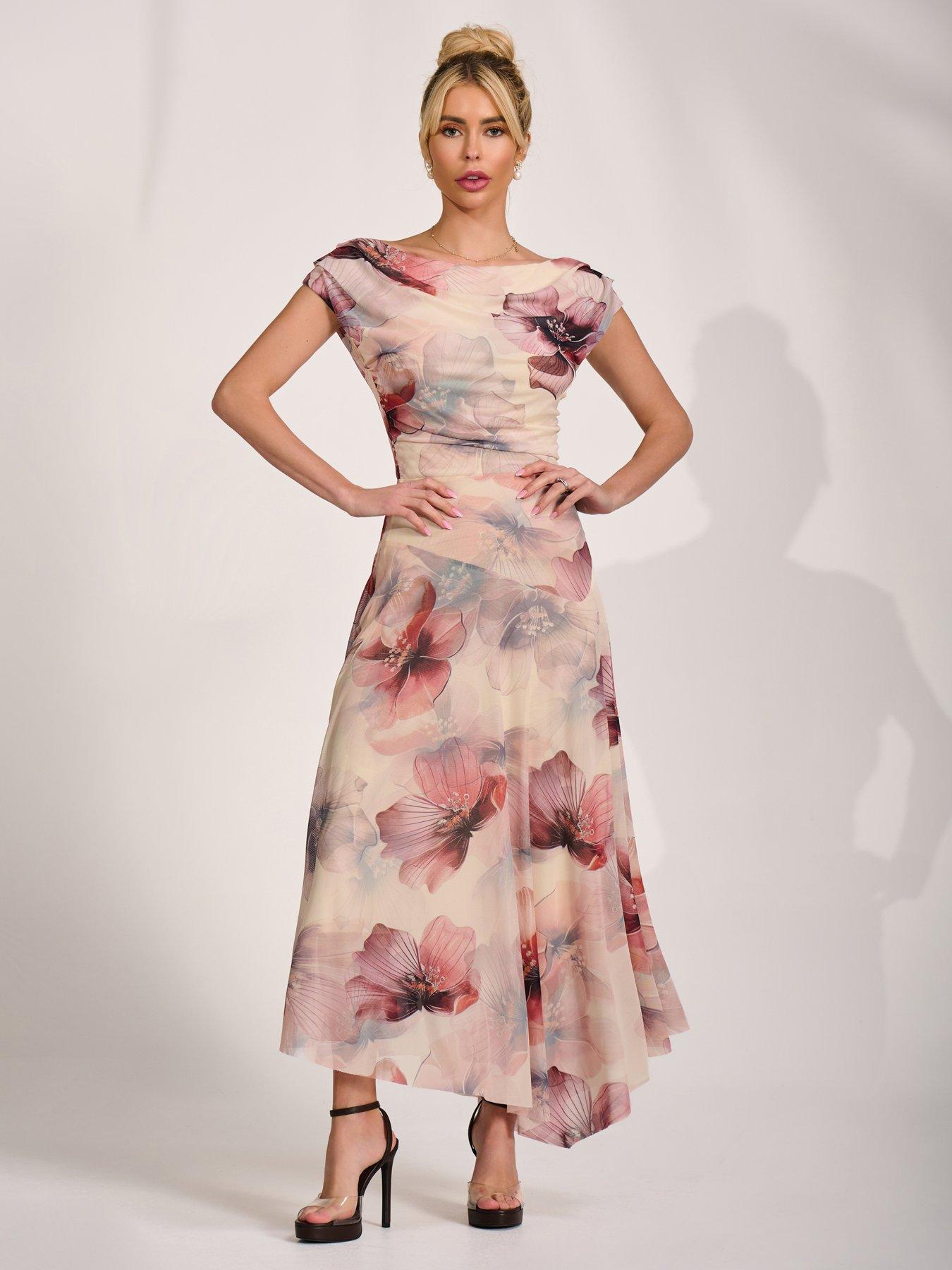 Image 1 of 7 of Jolie Moi Asymmetrical Draped Mesh Maxi Dress - Pink